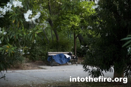 Homeless refugees and migrants sleeping rough in Alexandra Park Athens. 12-6-12