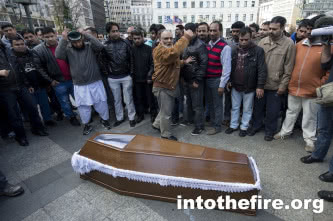 Funeral of Shehzad Luqman in Kotzia square in Athens. 19-1-13 The 26 year old Pakistani migrant was stabbed to death in a racially motivated murder on January 16th as he was cycling to work. His family and friends from the local Pakistani community met in